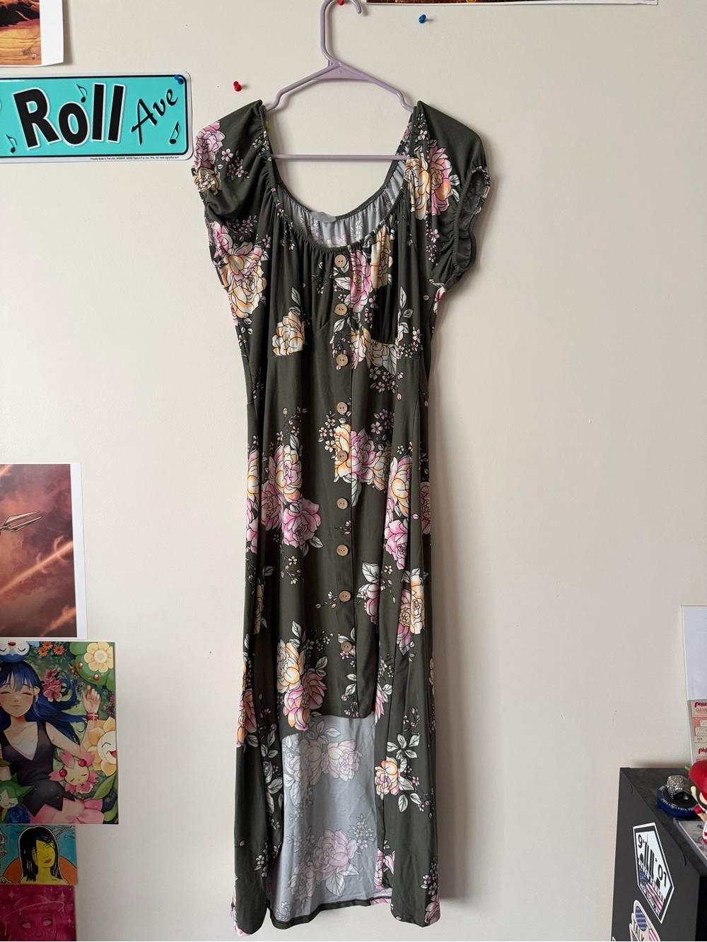 No Boundaries Olive Green Floral Button-Front Maxi Dress